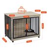 Furniture Style Dog Crate Side Table With Rotatable Feeding Bowl, Wheels, Three Doors, Flip-Up Top Opening. Indoor, Grey, 43.7"W x 30"D x 33.7"H