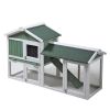 Large Wooden Rabbit Hutch Indoor and Outdoor Bunny Cage with a Removable Tray and a Waterproof Roof, Grey Green+White