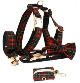 Christmas Pet Collar Plaid With Green Background Dog Rope Leash Suit (Option: Set Of Five-XS)